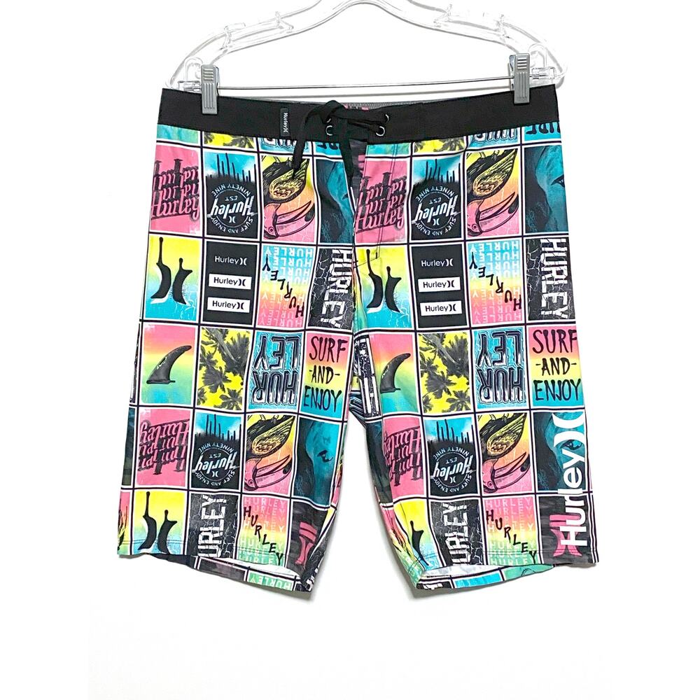 Hurley Board Shorts Boys 20/30 Swim Surf Neon Bright Summer Vacation Cruise AOP